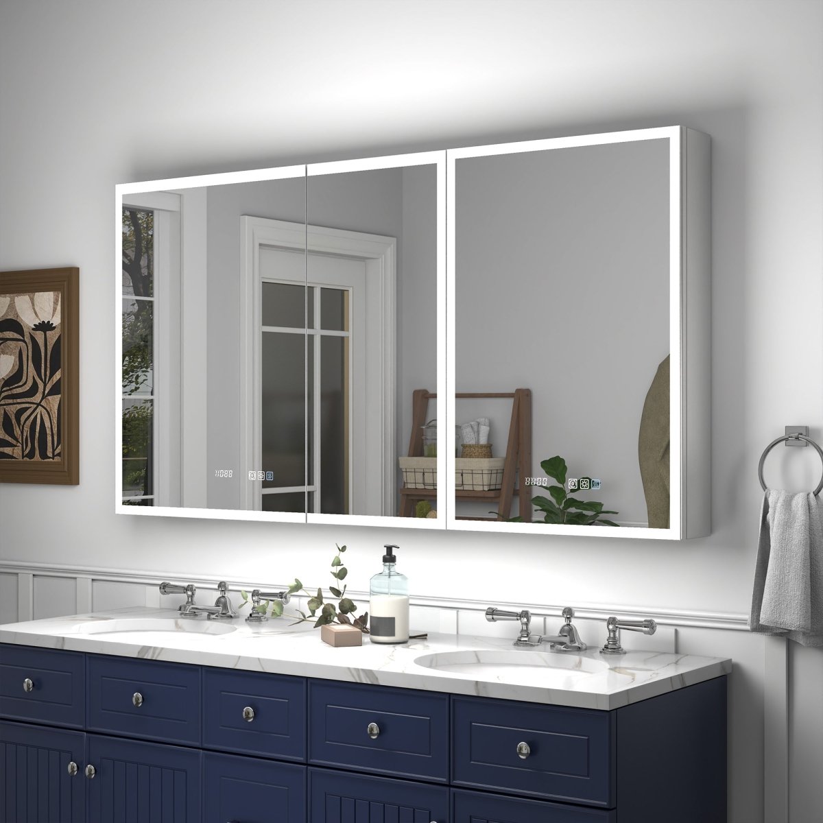 Rim 56" W x 30" H LED Lighted Surface Mount Medicine Cabinet with Mirrors - Recessed or Surface Installation