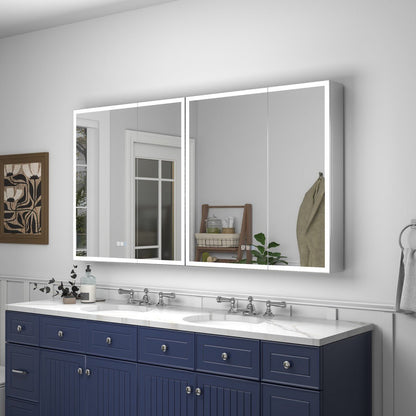 Rim 60 x 32 inch two-unit LED medicine cabinet installed above a bathroom vanity