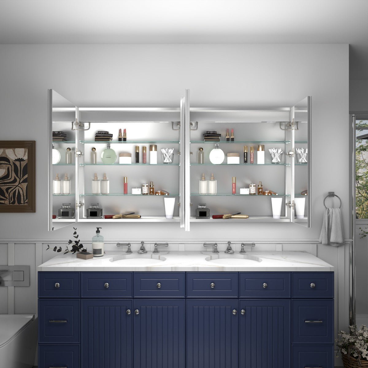 Rim 60 x 32 inch LED medicine cabinet with open mirrored doors and storage