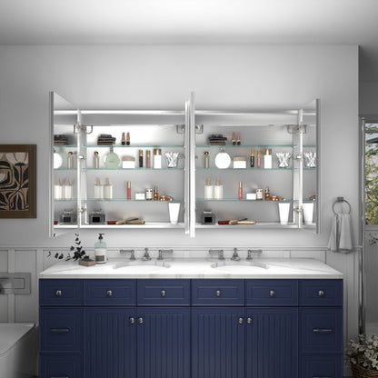 Rim 60 x 32 inch LED medicine cabinet with open mirrored doors and storage