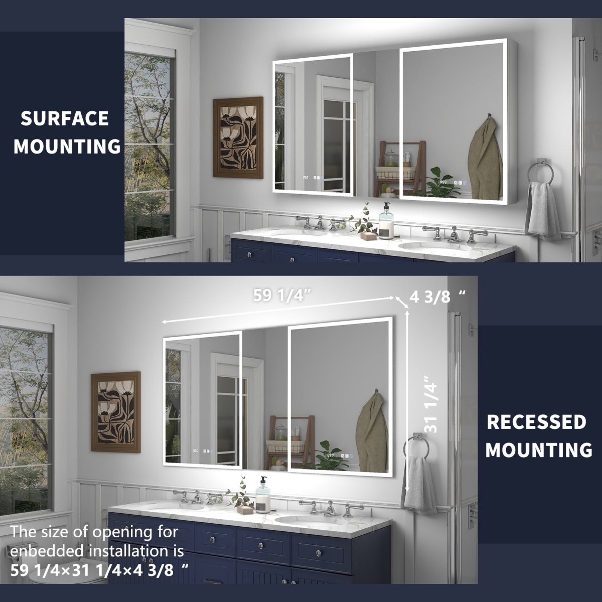 Rim 60" W x 32" H Lighted Medicine Cabinet Recessed or Surface led Medicine Cabinet with Outlets & USBs