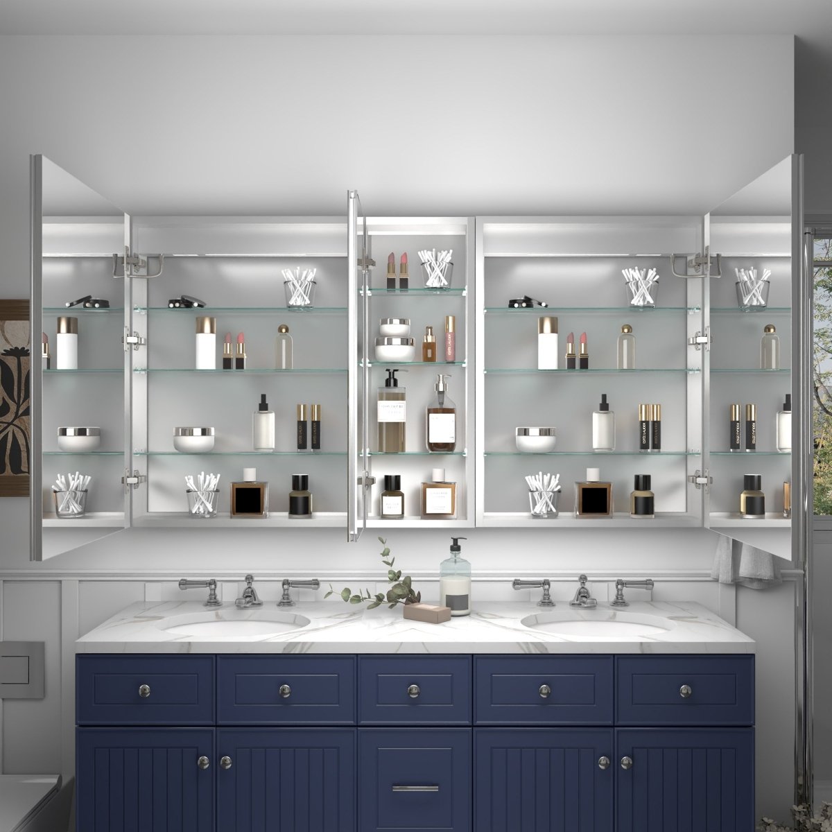 Rim 60" W x 32" H Lighted Medicine Cabinet Recessed or Surface led Medicine Cabinet with Outlets & USBs