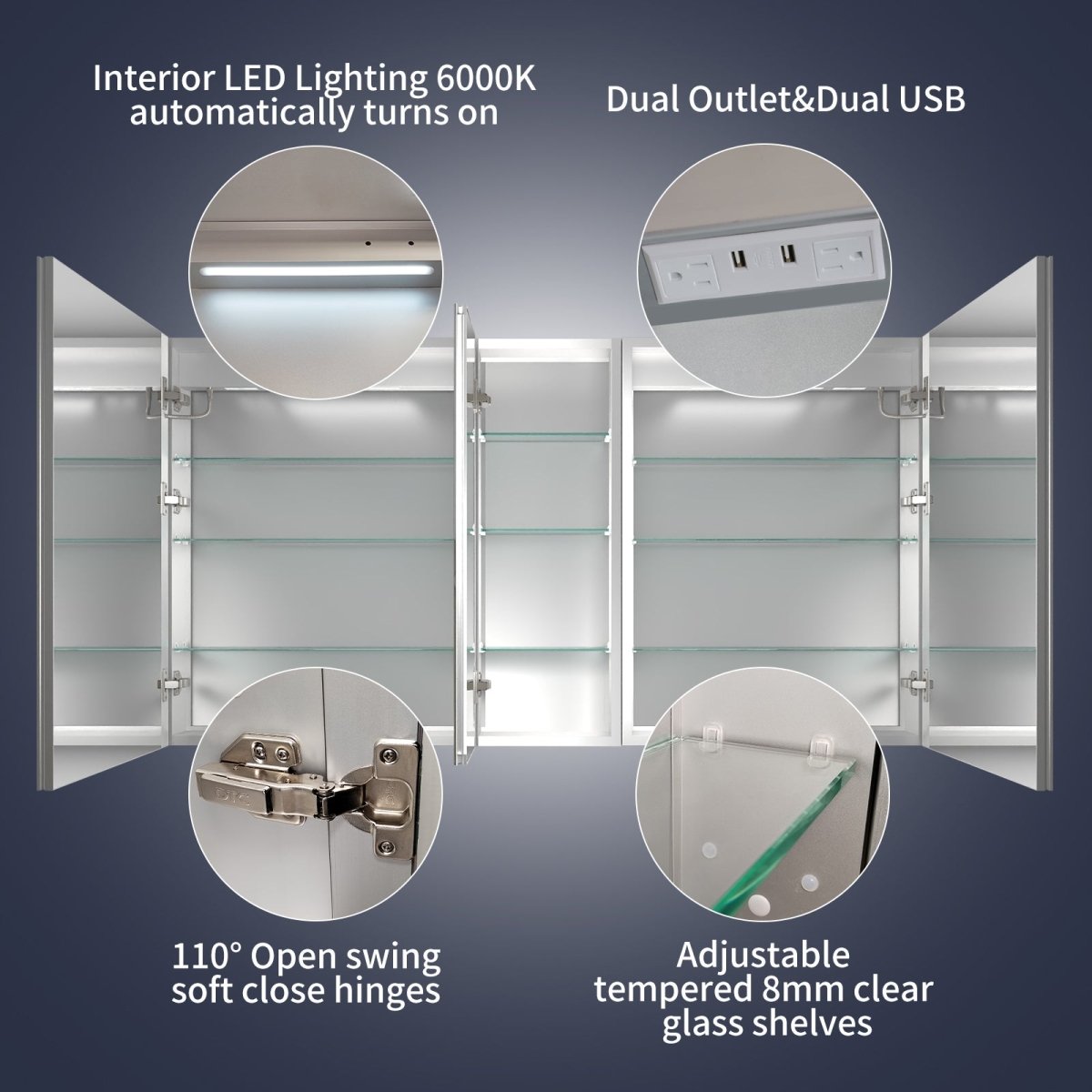 Rim 60" W x 32" H Lighted Medicine Cabinet Recessed or Surface led Medicine Cabinet with Outlets & USBs