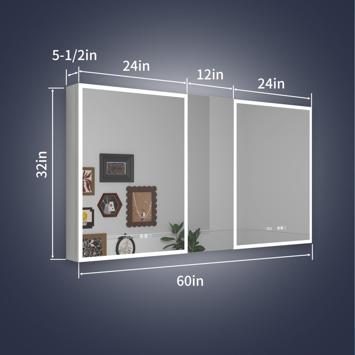 Rim 60" W x 32" H Lighted Medicine Cabinet Recessed or Surface led Medicine Cabinet with Outlets & USBs