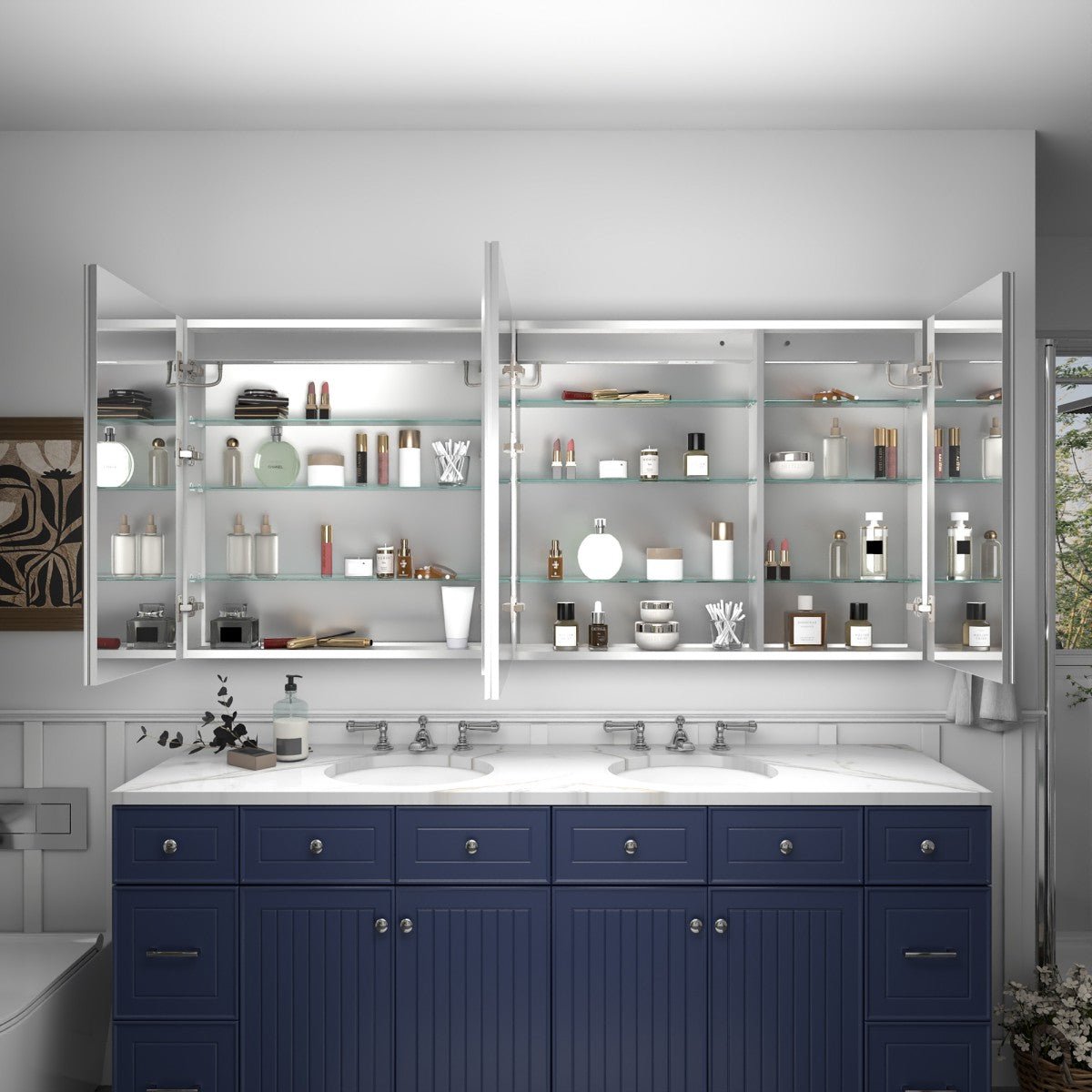 Rim 70 x 32 inch LED medicine cabinet with open mirrored doors and storage