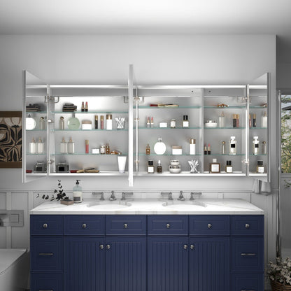 Rim 70 x 32 inch LED medicine cabinet with open mirrored doors and storage