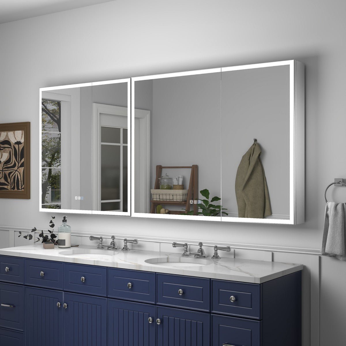Rim 70 x 32 inch two-unit LED medicine cabinet installed above a bathroom vanity