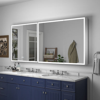 Rim 70 x 32 inch two-unit LED medicine cabinet installed above a bathroom vanity