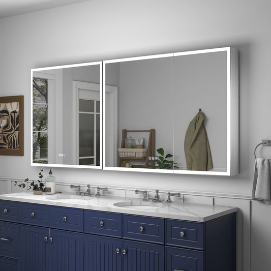 Rim 70 x 32 inch two-unit LED medicine cabinet installed above a bathroom vanity