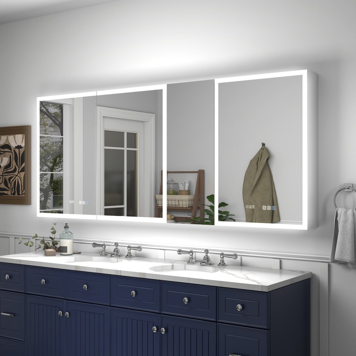 Rim 72" W x 30" H Led Lighted Big Medicine Cabinet Recessed or Surface with Mirrors and Clock