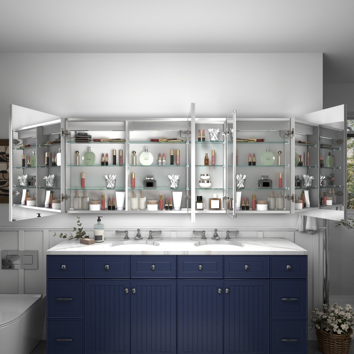 Rim 72" W x 30" H Led Lighted Big Medicine Cabinet Recessed or Surface with Mirrors and Clock