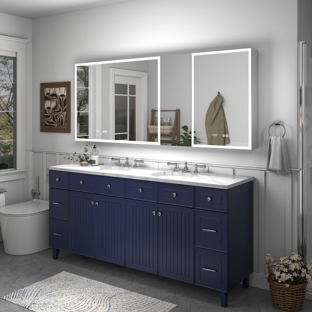 Rim 72" W x 30" H Led Lighted Big Medicine Cabinet Recessed or Surface with Mirrors and Clock