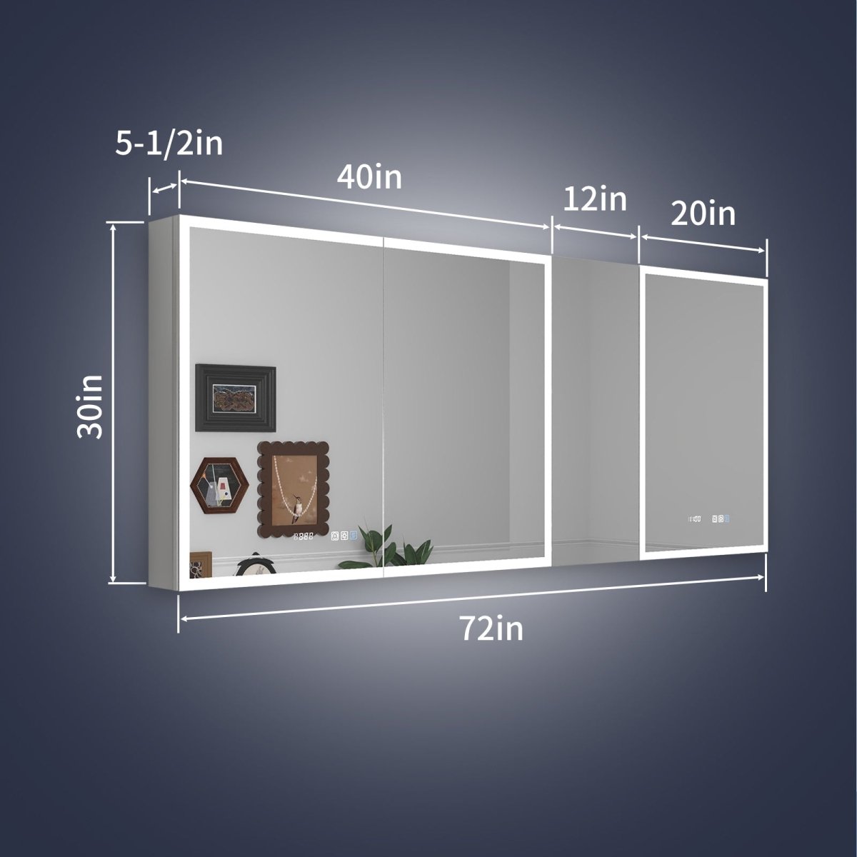 Rim 72" W x 30" H Led Lighted Big Medicine Cabinet Recessed or Surface with Mirrors and Clock