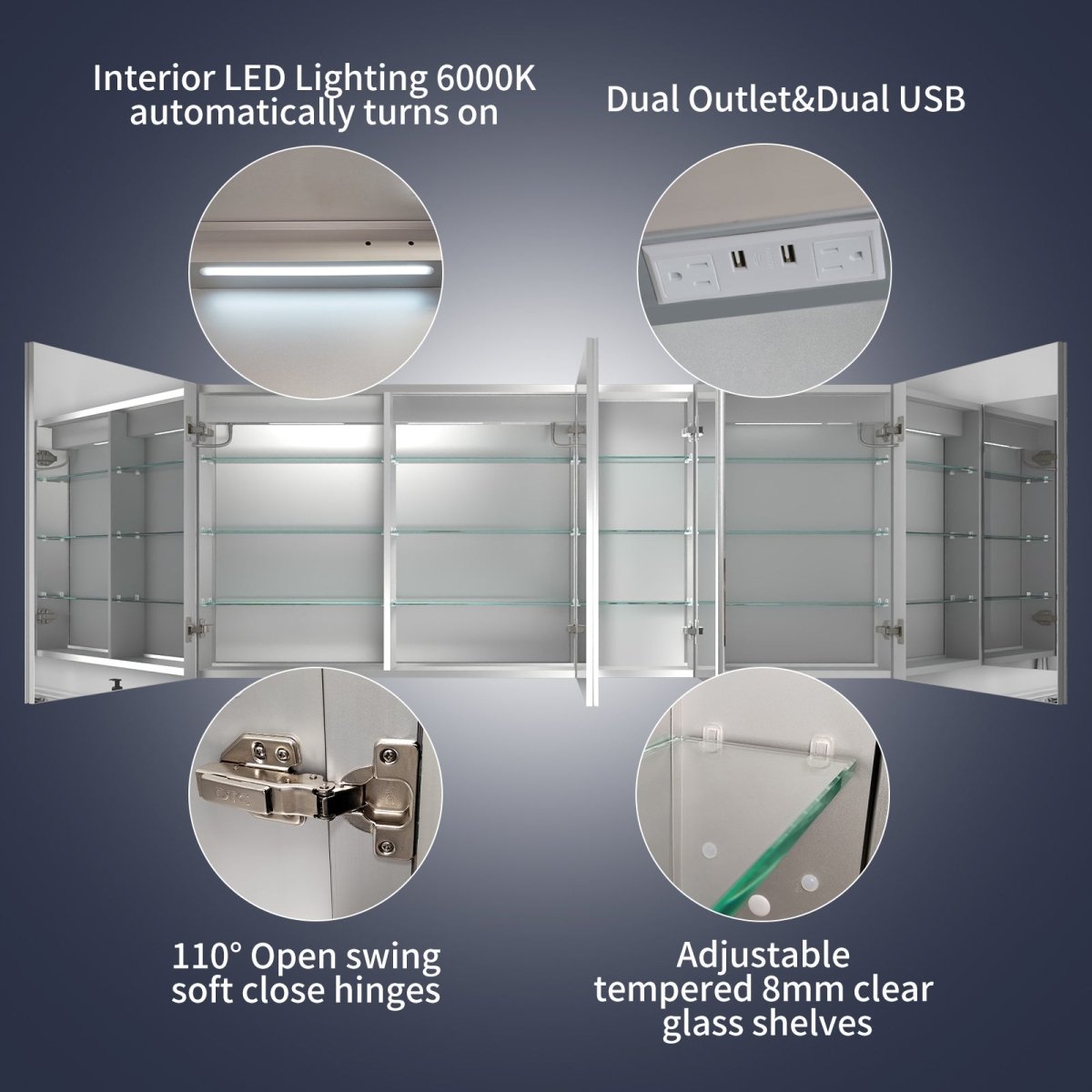 Rim 72" W x 30" H Led Lighted Big Medicine Cabinet Recessed or Surface with Mirrors and Clock