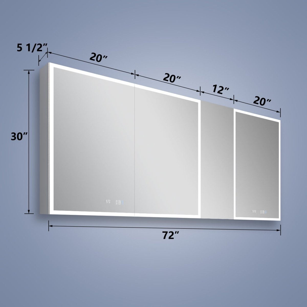 Rim 72" W x 30" H Led Lighted Big Medicine Cabinet Recessed or Surface with Mirrors and Clock