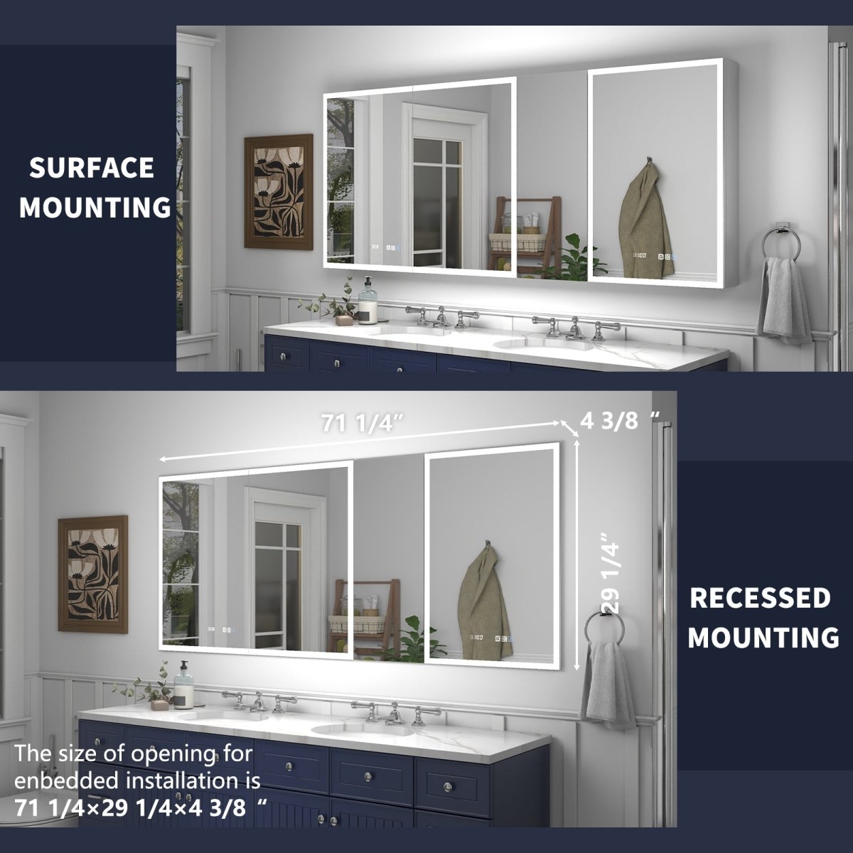 Rim 72" W x 30" H Led Lighted Big Medicine Cabinet Recessed or Surface with Mirrors and Clock