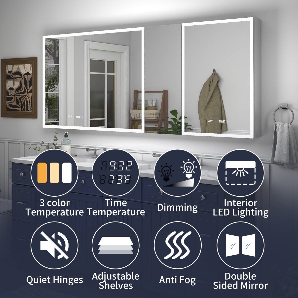 Rim 72" W x 30" H Led Lighted Big Medicine Cabinet Recessed or Surface with Mirrors and Clock
