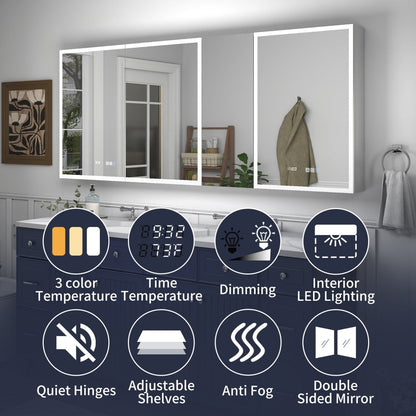Rim 72" W x 30" H Led Lighted Big Medicine Cabinet Recessed or Surface with Mirrors and Clock
