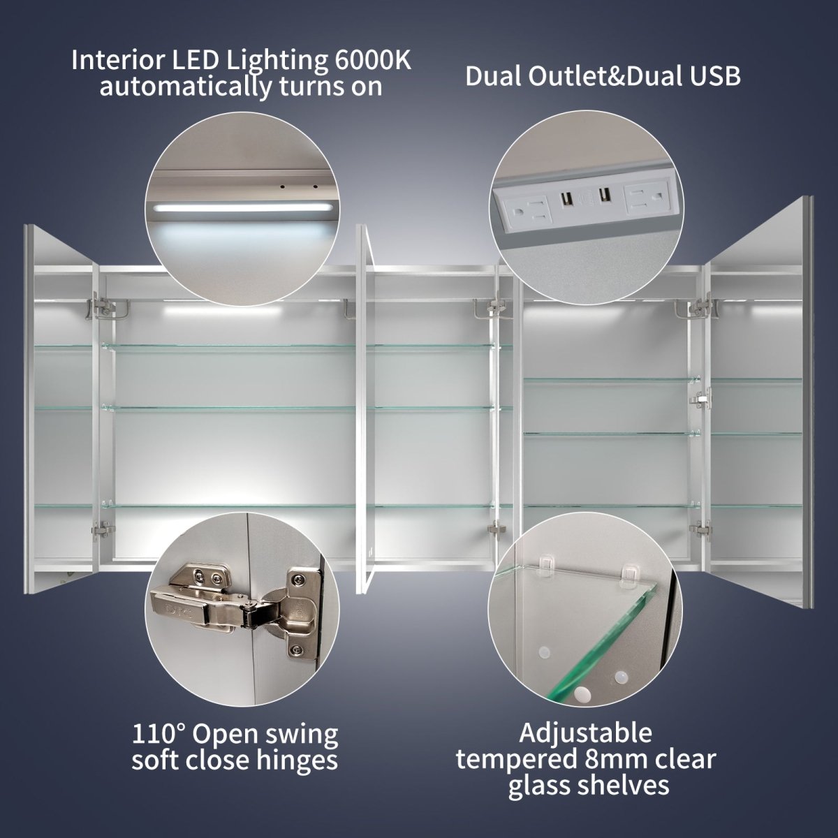 Rim 72" W x 36" H Led Lighted Medicine Cabinet Recessed or Surface with Mirrors