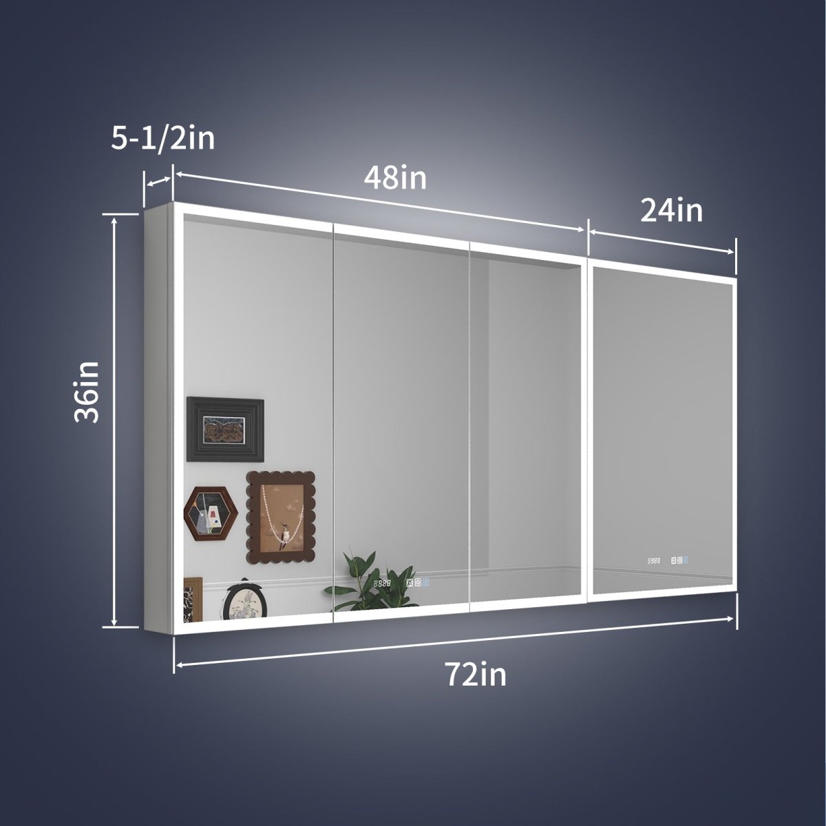 Rim 72" W x 36" H Led Lighted Medicine Cabinet Recessed or Surface with Mirrors