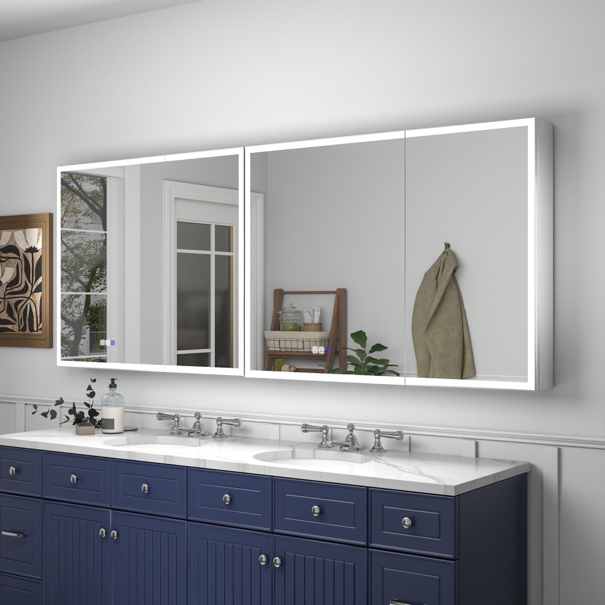 Rim 76" W x 30" H Medicine Cabinet with Mirror and LED Lights Recessed or Surface with Mirrors