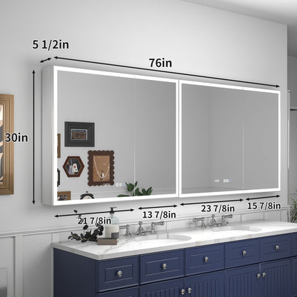 Rim 76" W x 30" H Medicine Cabinet with Mirror and LED Lights Recessed or Surface with Mirrors