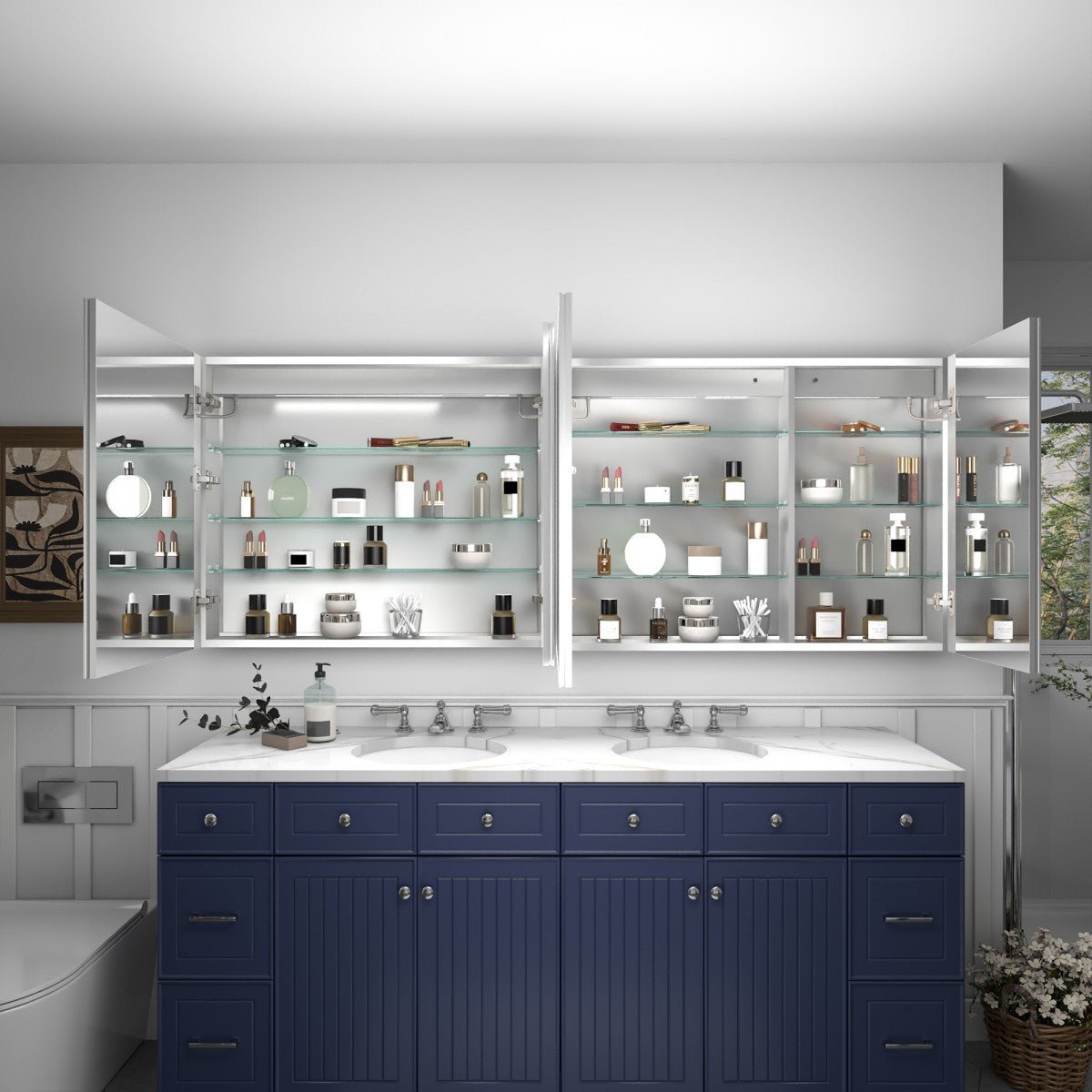 Rim 76" W x 30" H Medicine Cabinet with Mirror and LED Lights Recessed or Surface with Mirrors