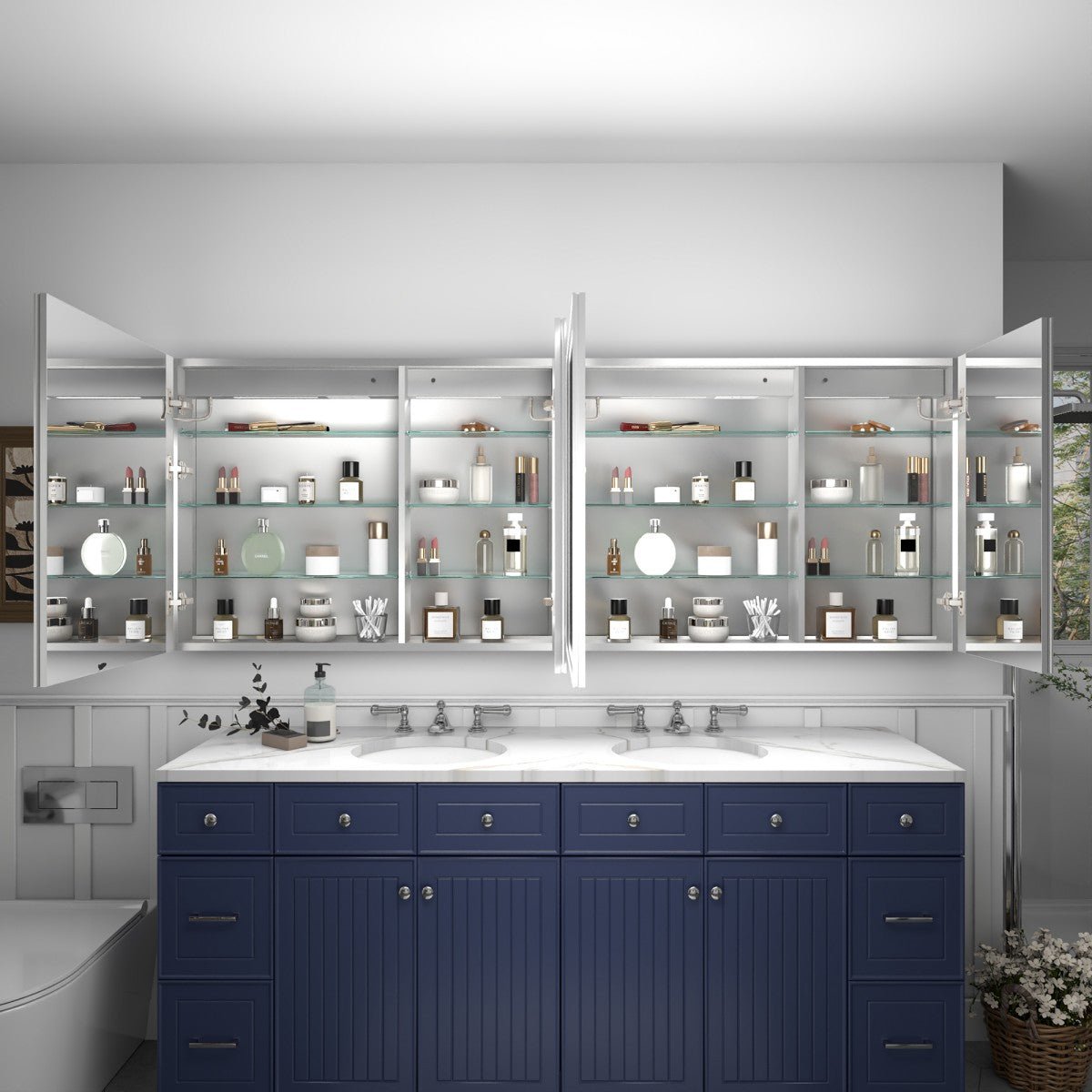 Rim 80 x 30 inch LED medicine cabinet with open mirrored doors and storage