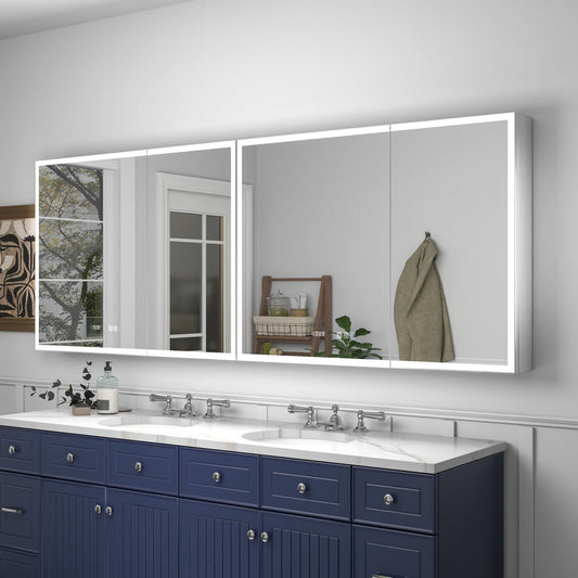 Rim 80 x 30 inch two-unit LED medicine cabinet installed above a bathroom vanity