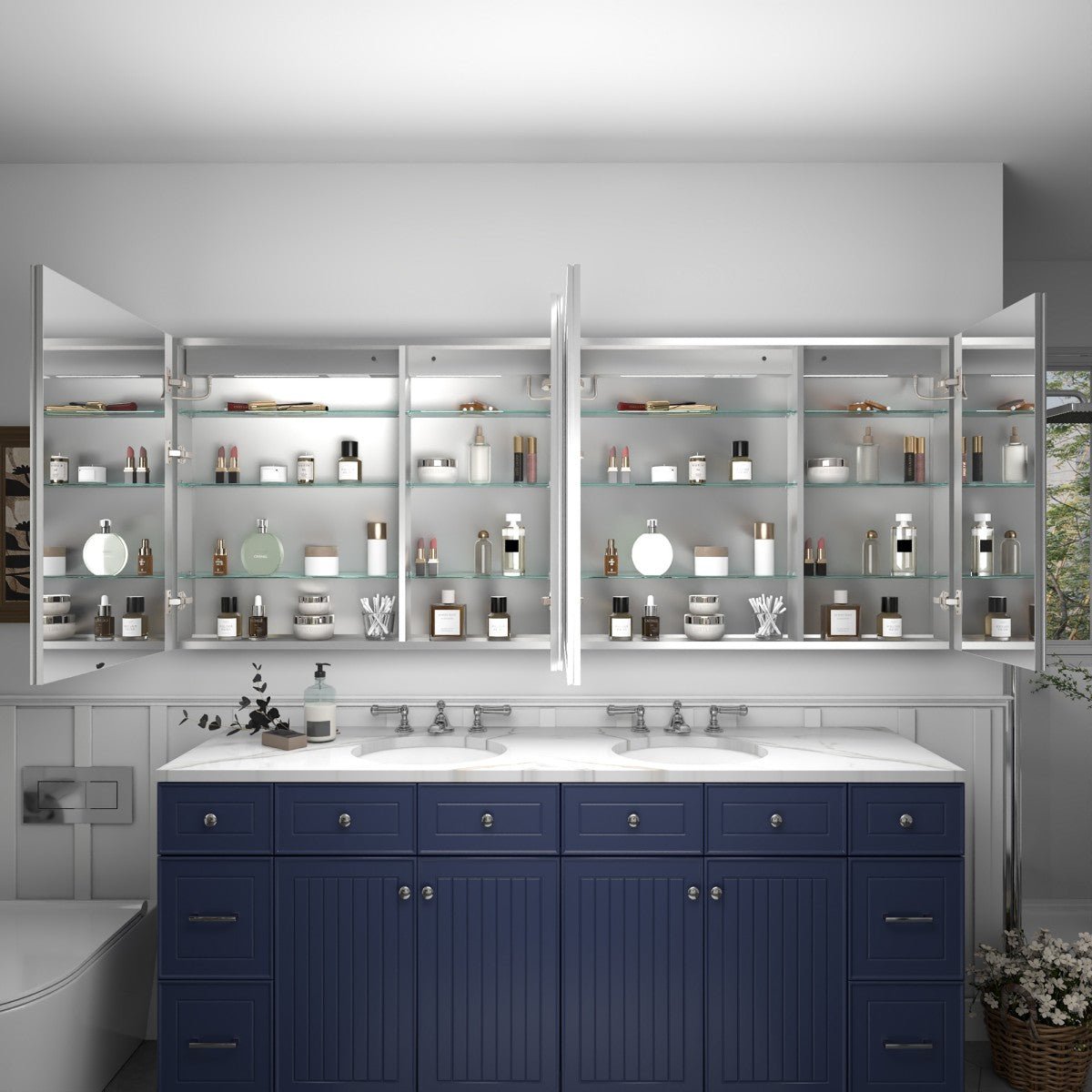 Rim 80 x 32 inch LED medicine cabinet with open mirrored doors and storage