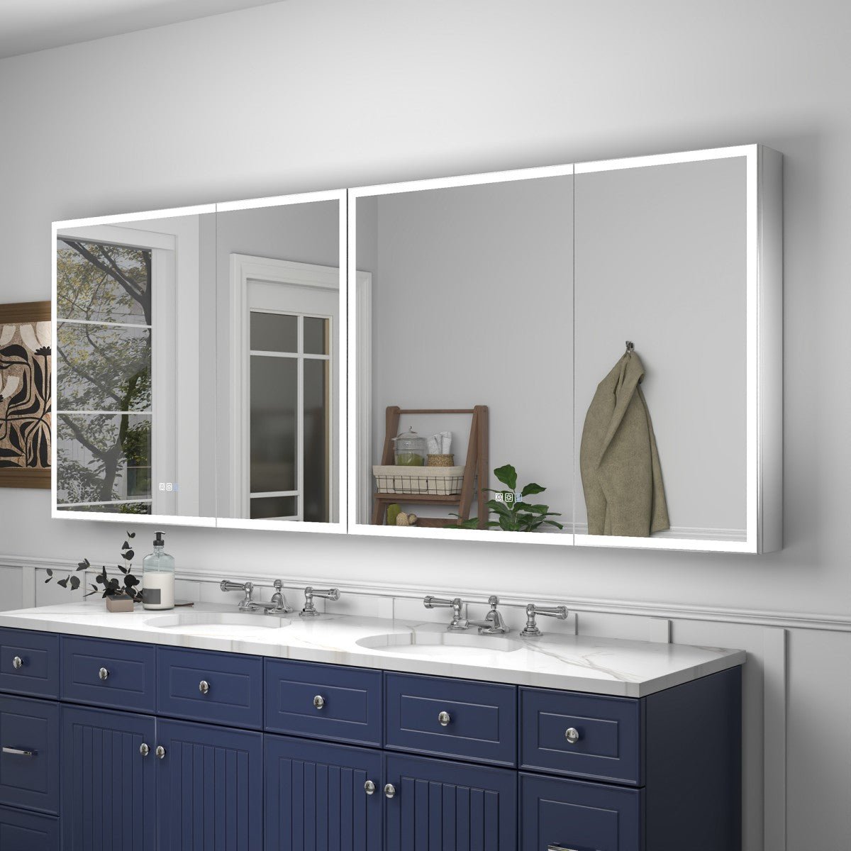 Rim 80 x 32 inch two-unit LED medicine cabinet installed above a bathroom vanity