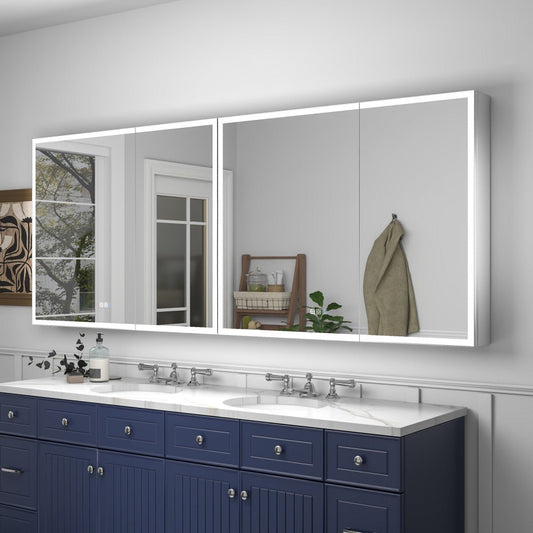 Rim 80" W x 32" H LED Light Medicine Cabinet Mirror Recessed or Surface with Mirrors