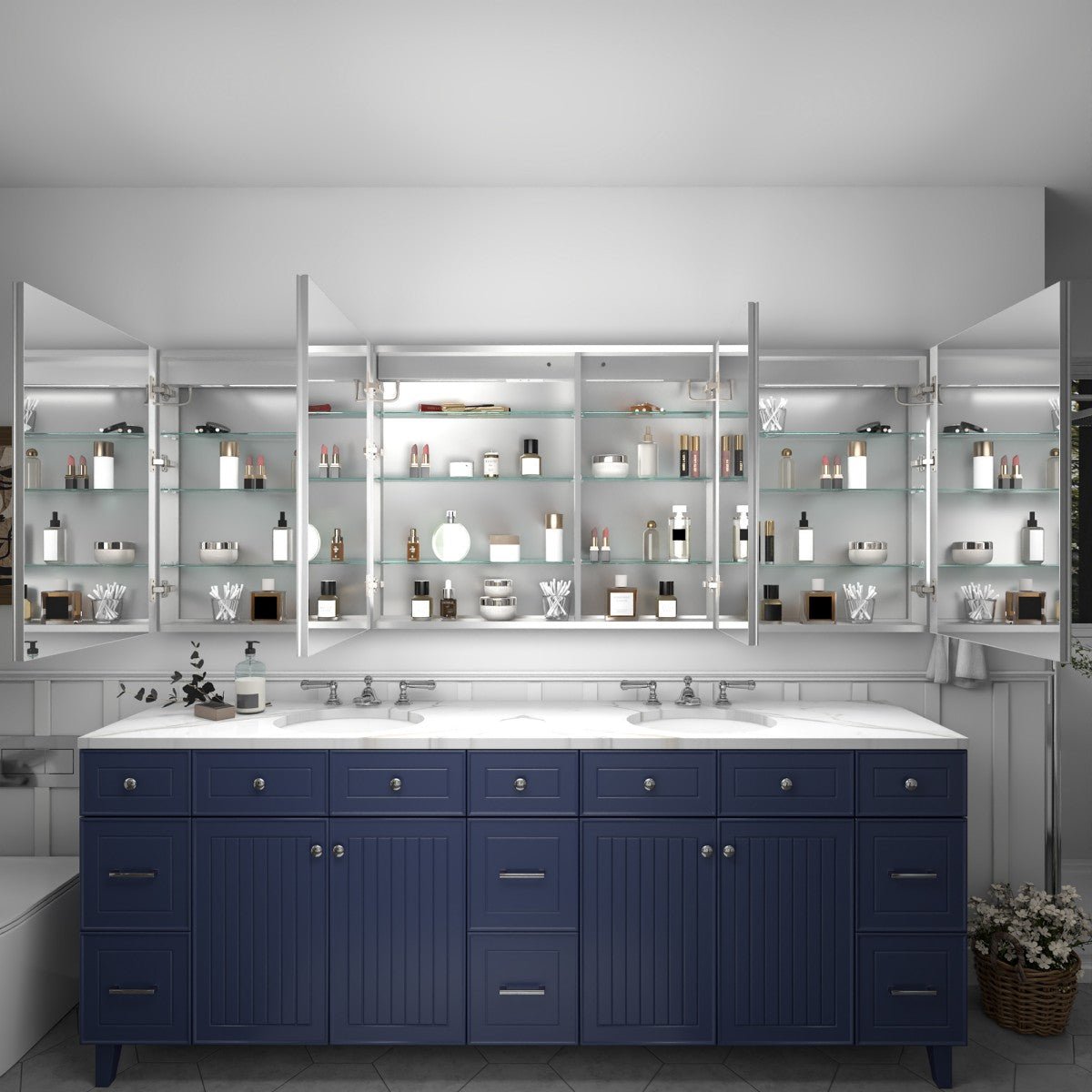 Rim 88 x 32 inch LED medicine cabinet with open mirrored doors and storage