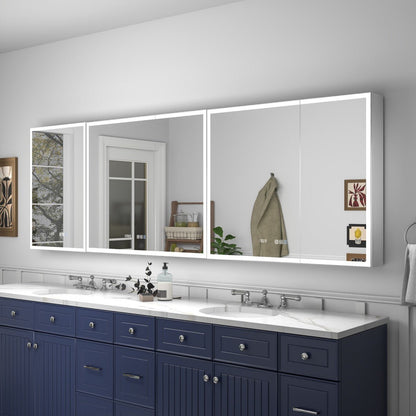 Rim 92 x 30 inch three-unit LED medicine cabinet installed above a bathroom vanity