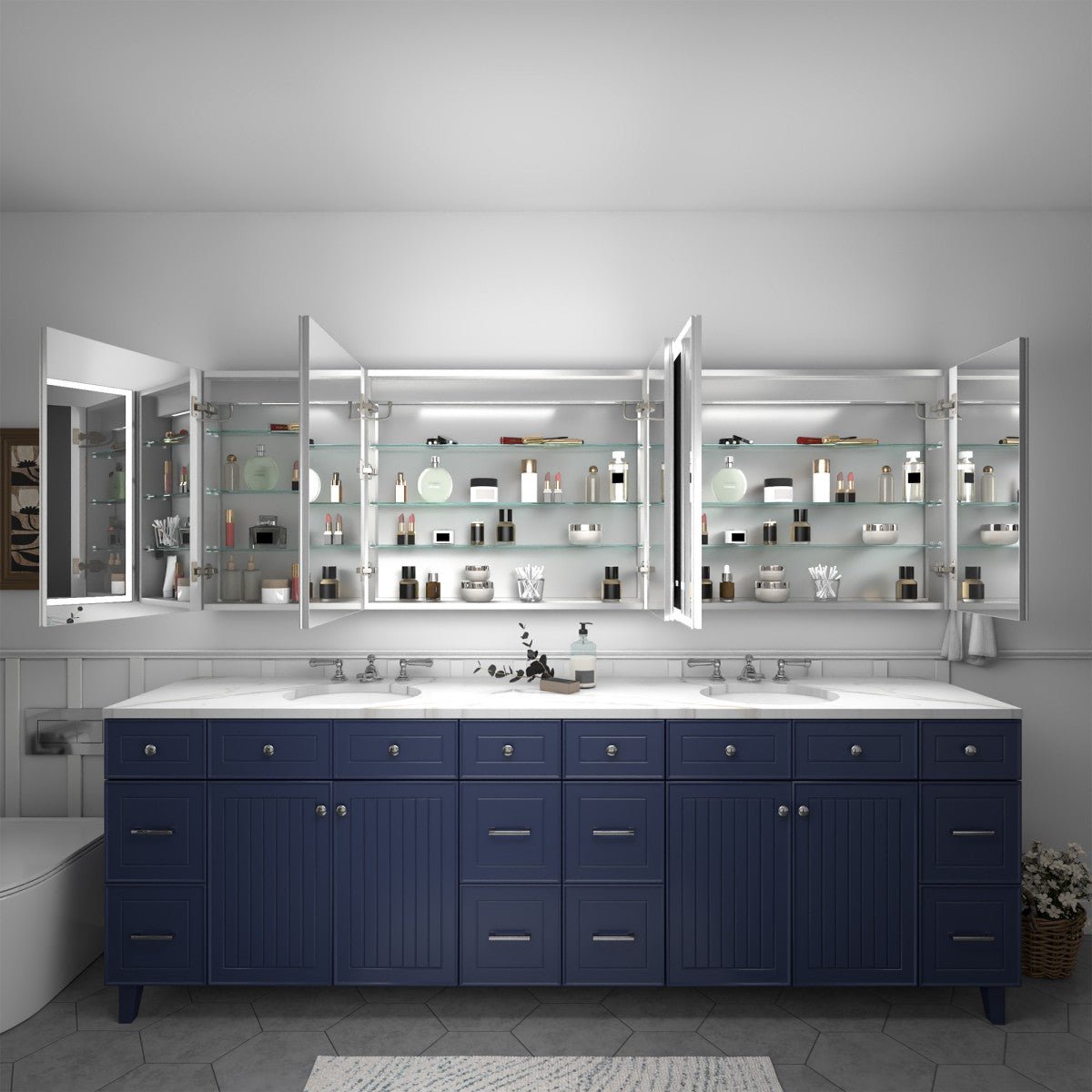 Rim 92 x 30 inch LED medicine cabinet with open mirrored doors and storage