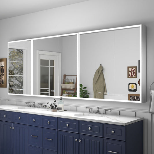 Rim 96 x 36 inch three-unit LED medicine cabinet above a double bathroom vanity