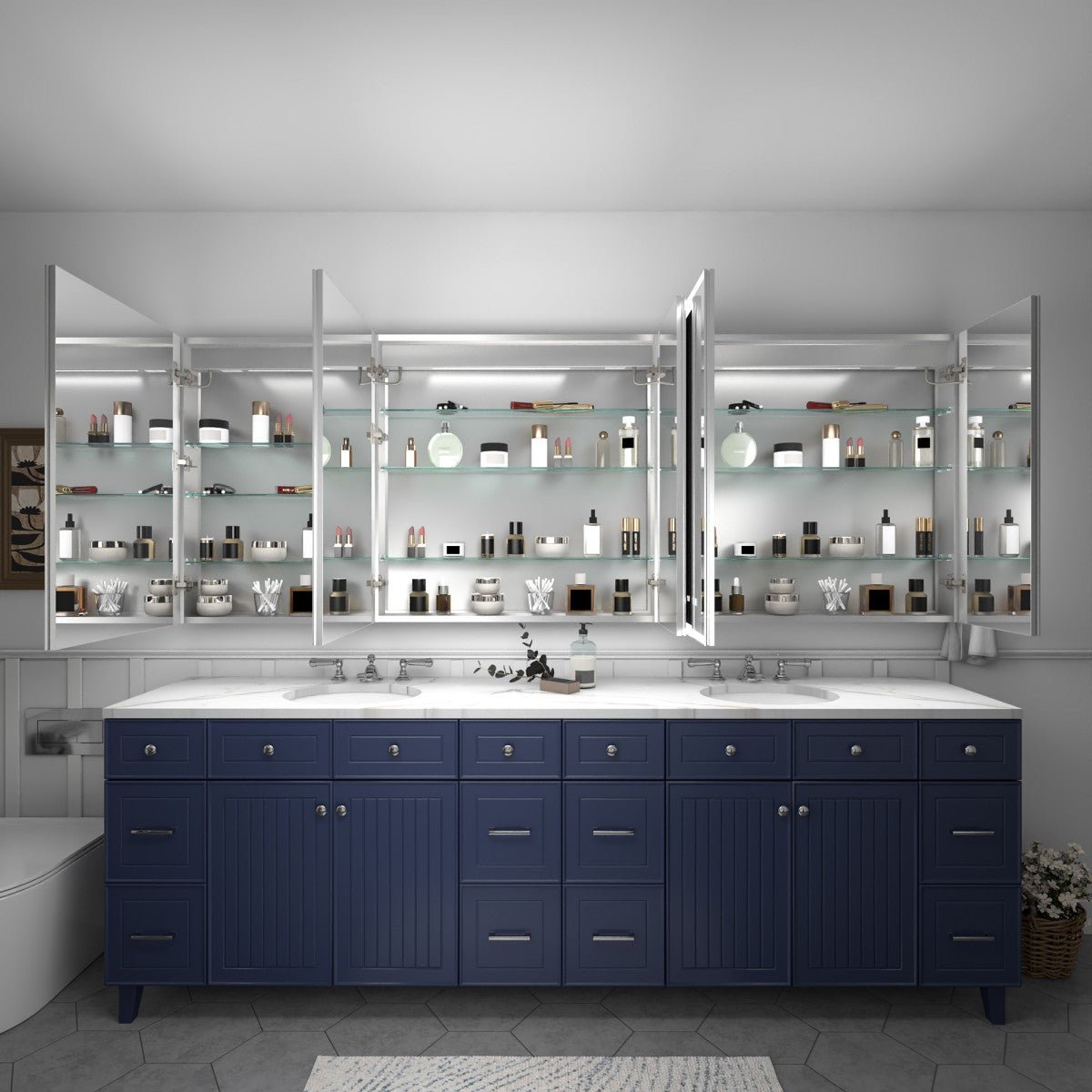 Rim 96 x 36 inch LED medicine cabinet with open mirrored doors and storage