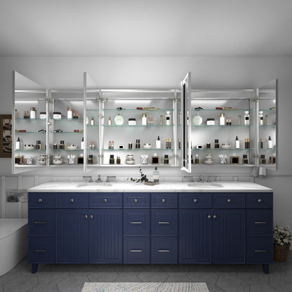 Rim 96 x 36 inch LED medicine cabinet with open mirrored doors and storage