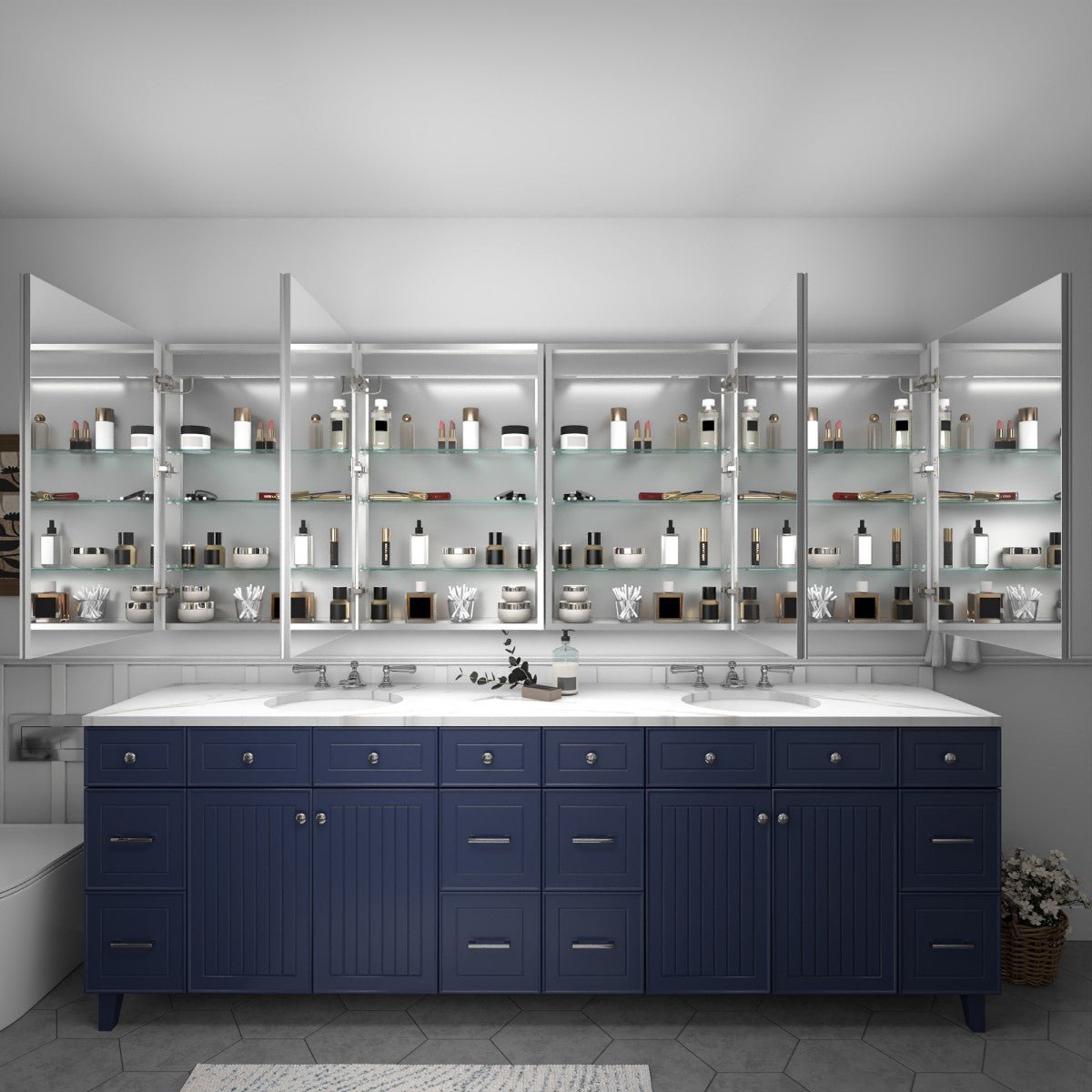Rim 96 x 36 inch LED medicine cabinet with open mirrored doors and storage