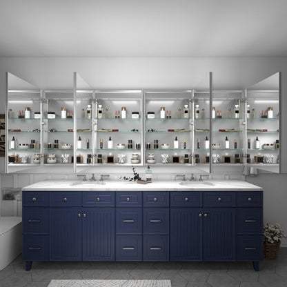 Rim 96 x 36 inch LED medicine cabinet with open mirrored doors and storage