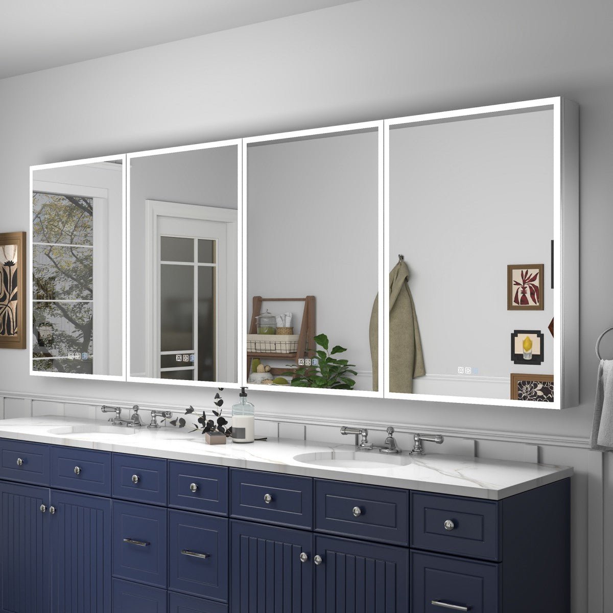 Rim 96 x 36 inch modular LED medicine cabinet installed above a bathroom vanity