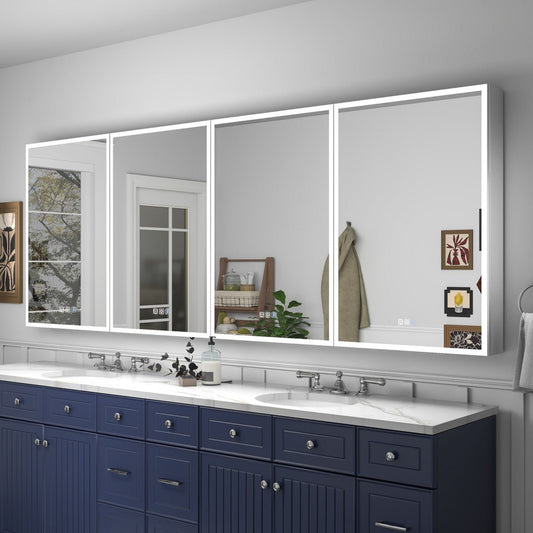 Rim 96 x 36 inch modular LED medicine cabinet installed above a bathroom vanity