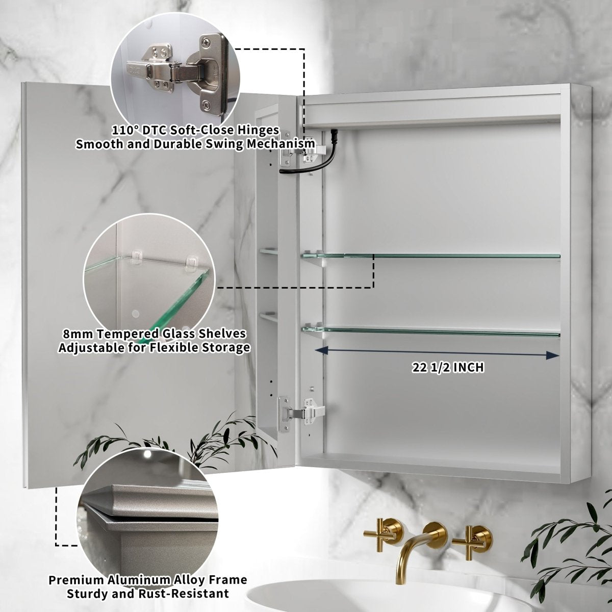 Rim-s medicine cabinet with adjustable glass shelves and mirrored interior