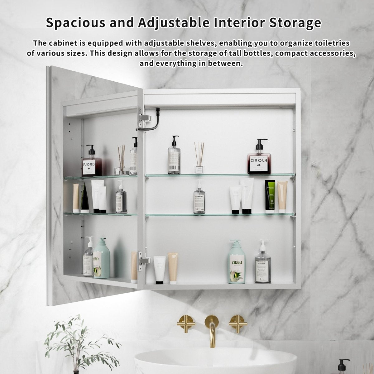 Rim-s 24 x 30 inch medicine cabinet with open mirrored door and interior storage