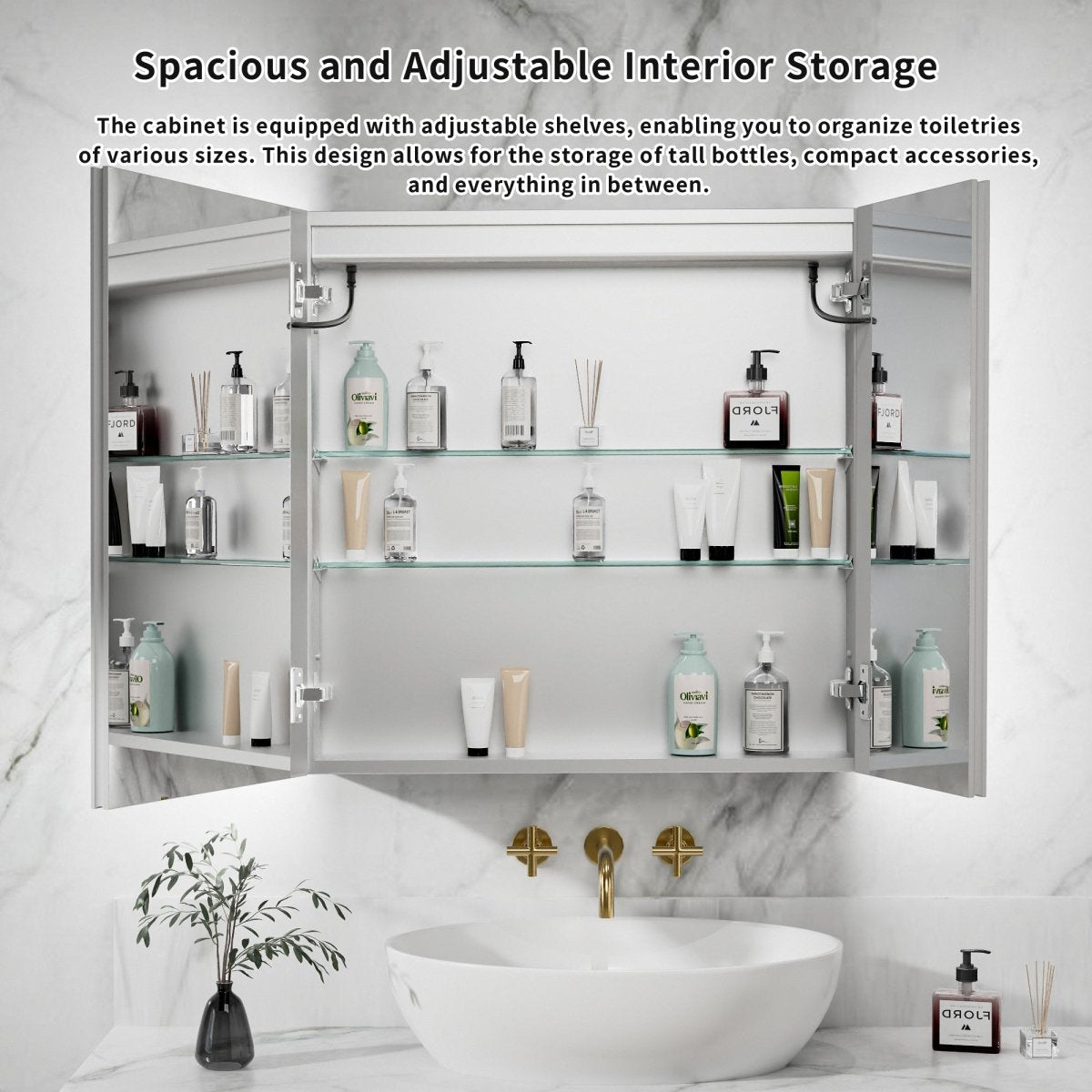 Rim-s 30 x 30 inch medicine cabinet with open mirrored doors and interior storage