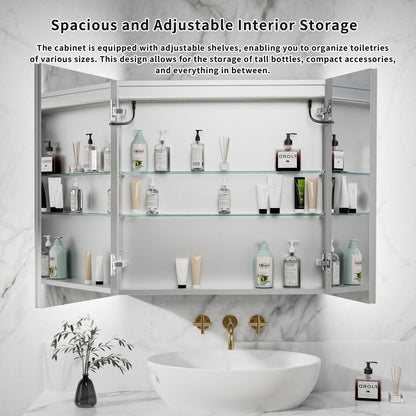 Rim-s 30 x 30 inch medicine cabinet with open mirrored doors and interior storage