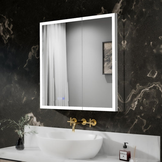 Rim-s 30 x 30 inch LED medicine cabinet installed above a bathroom vanity