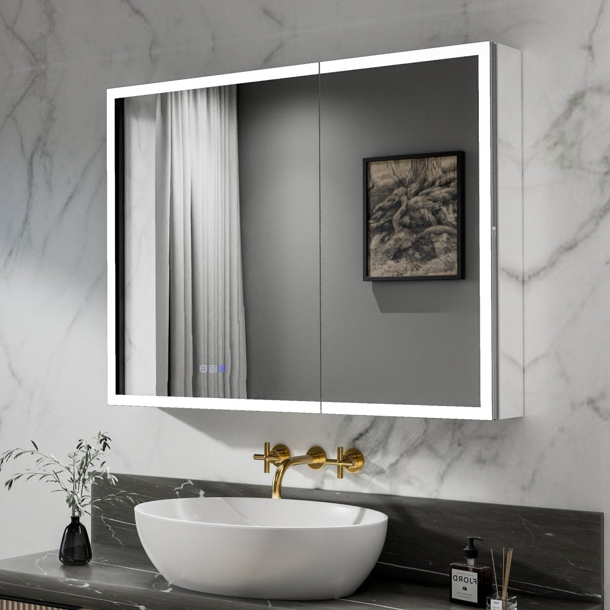 Rim-s 40 x 30 inch LED medicine cabinet installed above a bathroom vanity