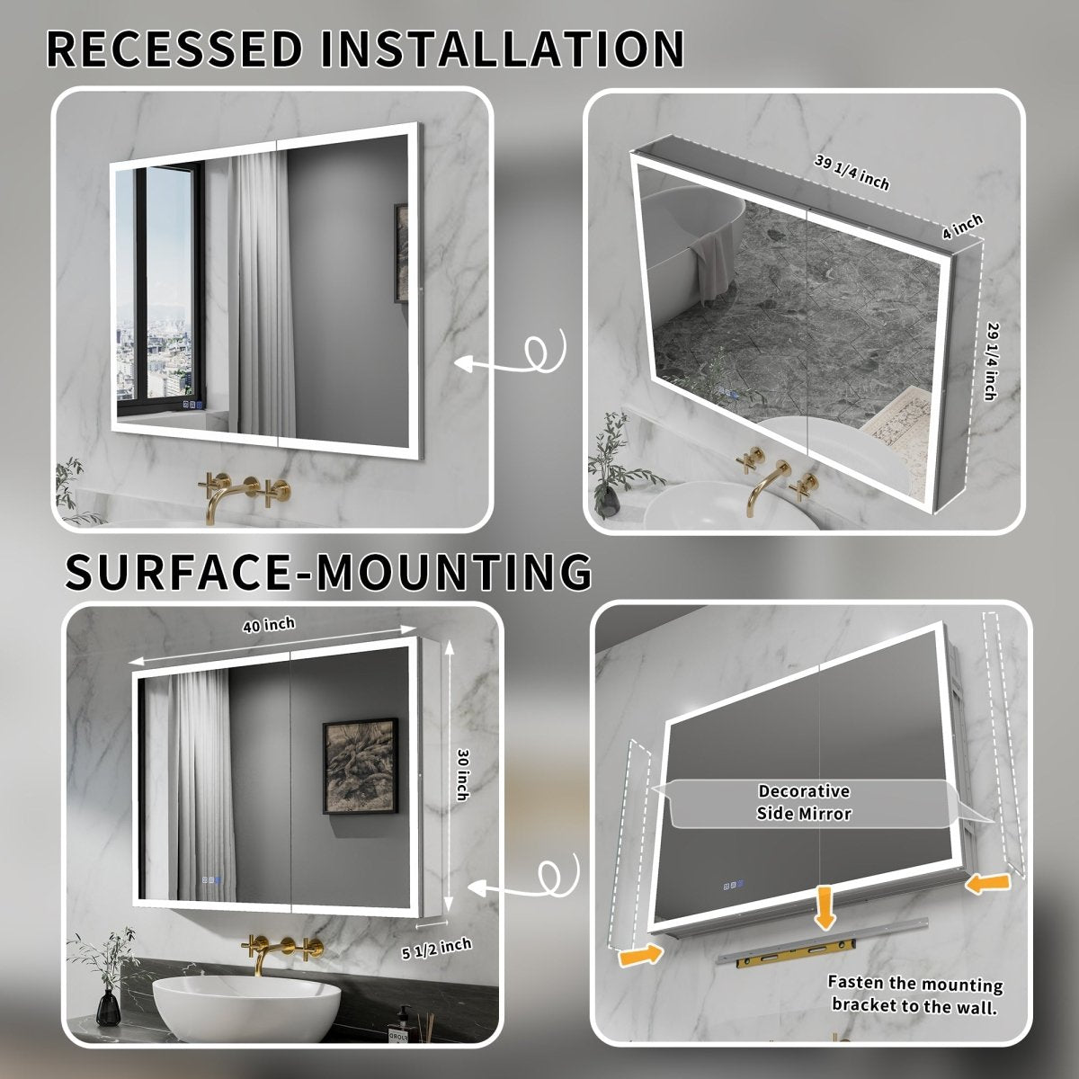 Rim-s LED medicine cabinet illuminated touch controls for lighting and defogging