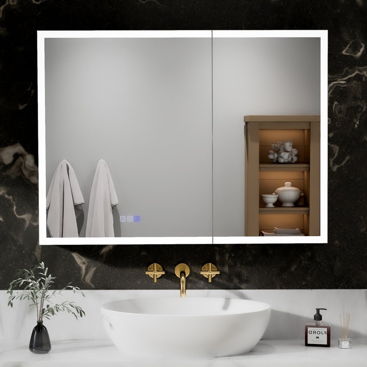 Rim-s LED medicine cabinet mirror with one-touch anti-fog control